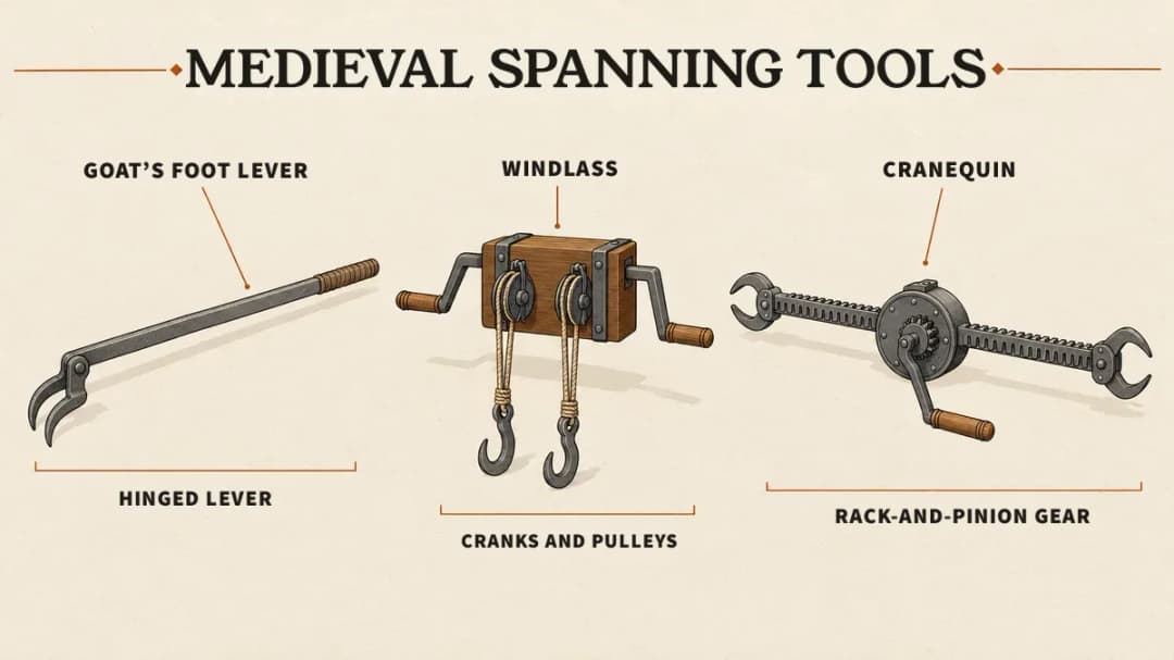 Spanning devices of medieval crossbows: a goat's foot lever (hinged lever), a windlass (cranks and pulleys) and a cranequin (rack-and-pinion gear).
