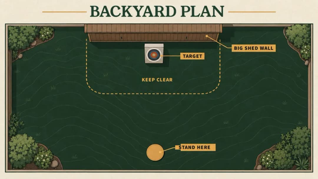 Backyard target setup from above: the target in front of a big shed wall, the area behind and beside it kept clear, and where you stand.
