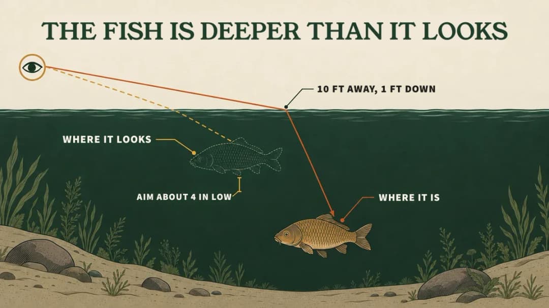 Refraction in bowfishing: the fish sits deeper than it looks. At 10 feet away and 1 foot down, aim about 4 inches low.