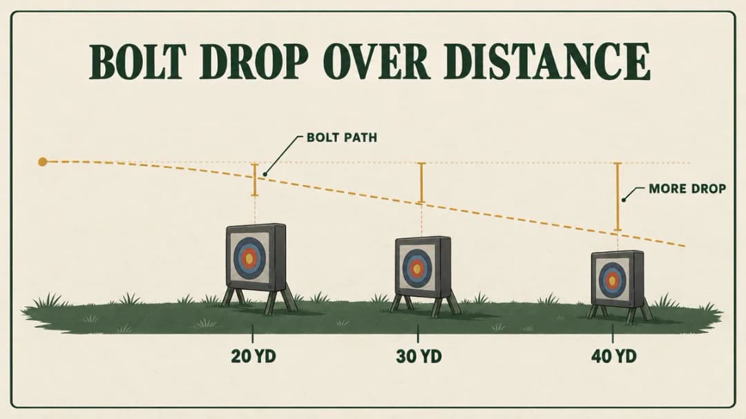 Bolt drop: the bolt's path falls further below a level line at 20, 30 and 40 yards, the reason a crossbow scope has stacked aiming points.