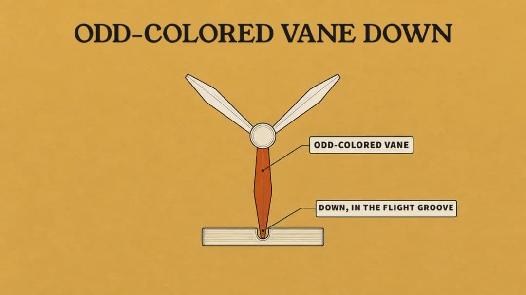 How a crossbow bolt sits on the rail: the odd-colored vane points down into the flight groove, the back end goes against the string.