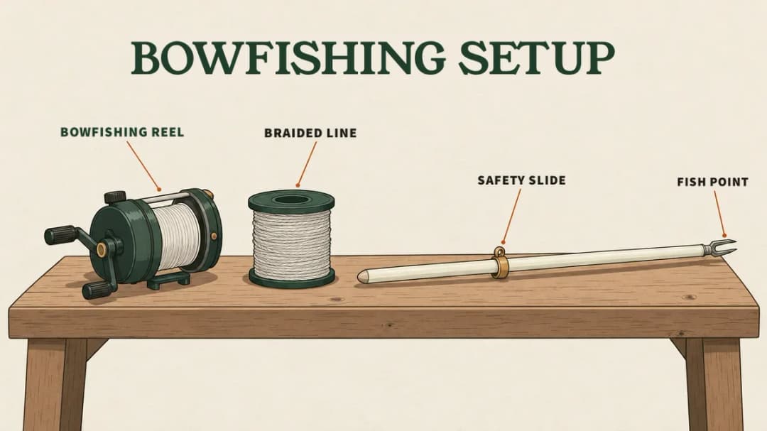 Crossbow bowfishing add-ons: a bottle-style reel, braided line and a fish bolt with a safety slide and a fish point with swept-back prongs.