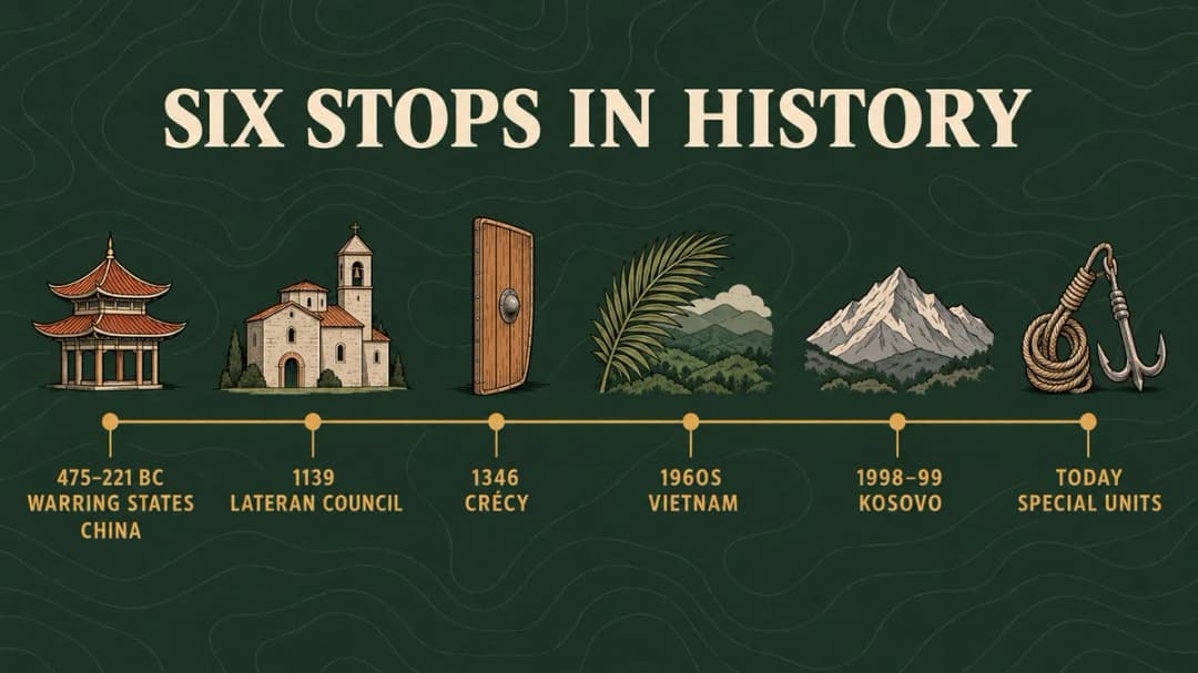 Crossbow timeline: Warring States China (475–221 BC), the Lateran Council (1139), Crécy (1346), Vietnam (1960s), Kosovo (1998–99), special units today.