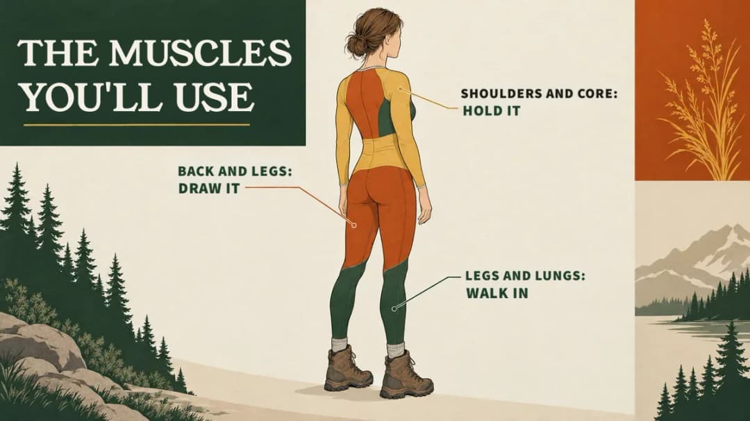 What crossbow hunting works: back and legs to draw it, shoulders and core to hold it steady, legs and lungs for the walk in.