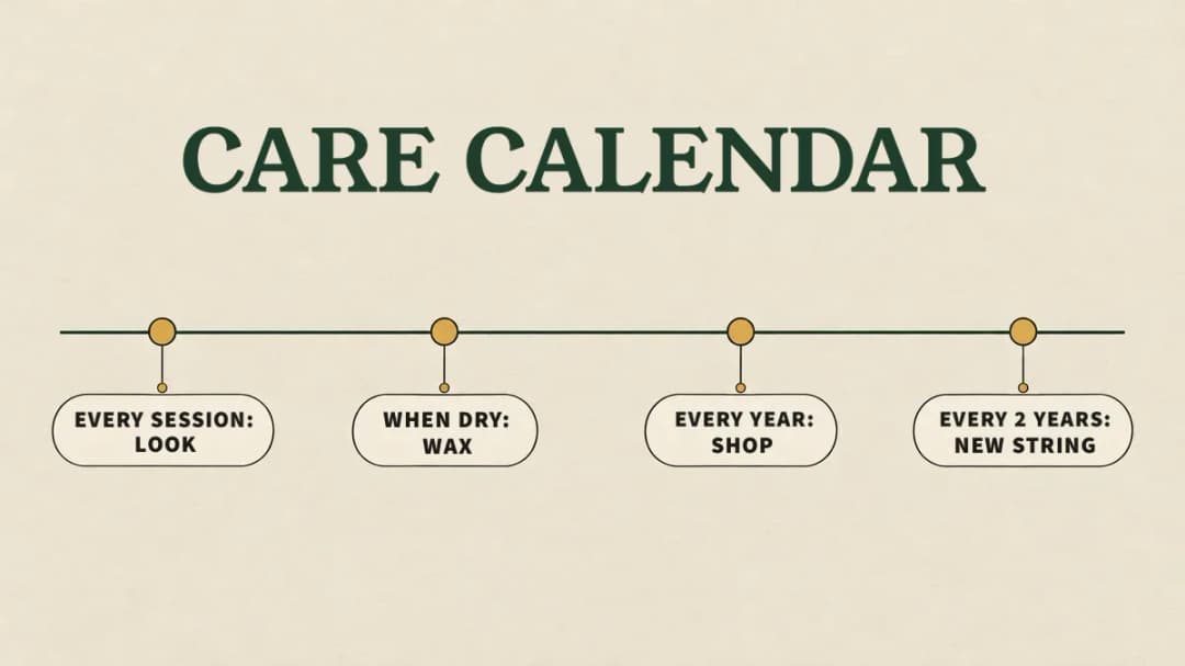Care calendar: look it over every session, wax when dry, a shop check every year, a new string every 2 years.
