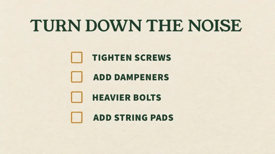 Four cheap fixes for a quieter bow: tighten screws, add dampeners, use heavier bolts, add string pads.