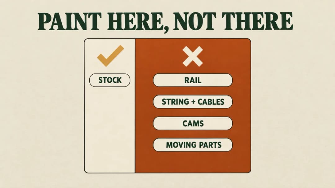Paint here, not there: the stock is fine; keep paint off the rail, string and cables, cams and moving parts.