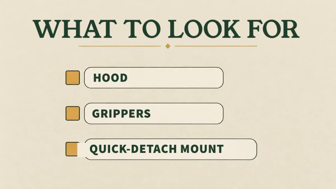 What to look for in a quiver: a hood over the heads, grippers for each shaft, and a quick-detach mount.