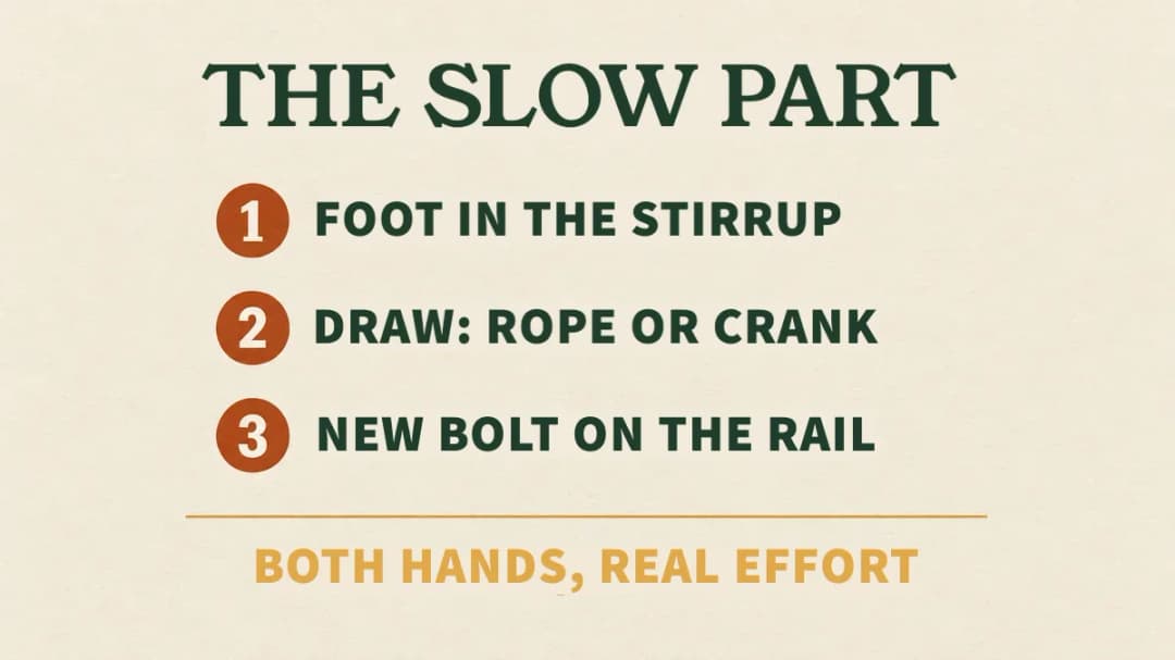 After one release, a crossbow has to be drawn again with a foot in the stirrup and a rope aid or crank, then a new bolt loaded: slow and two-handed After one bolt: foot in the stirrup, draw with a rope or crank, a new bolt on the rail. It takes both hands and real effort.
