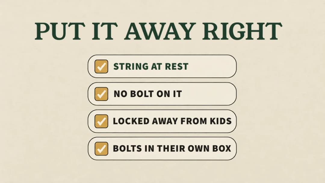 Putting it away: string at rest, no bolt on it, locked away from kids, bolts in their own box.
