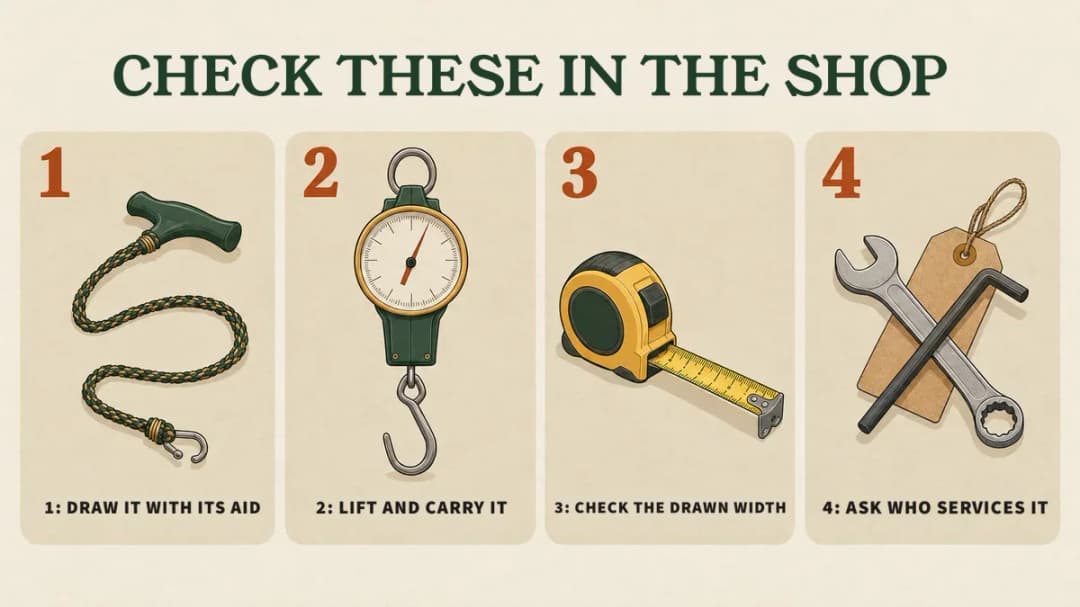 Test a crossbow in the shop: draw it with its draw aid, lift and carry it, check the width when drawn, and ask who services it.