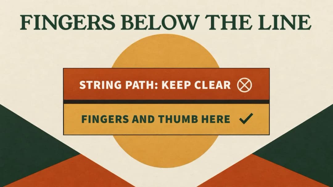Keep your fingers and thumb below the rail, out of the string's path.