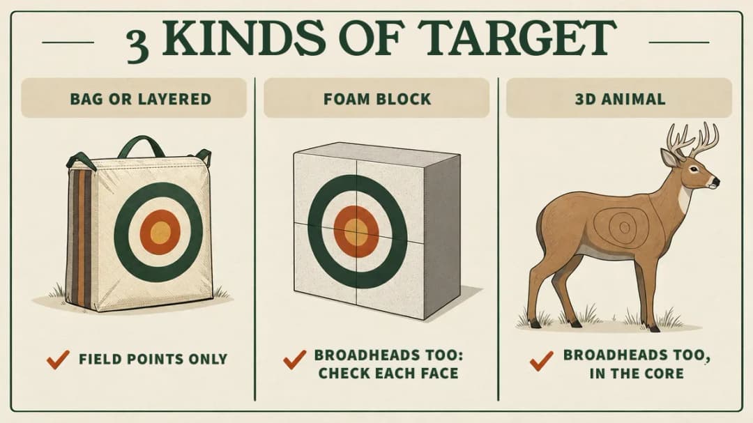 Three crossbow target types: bag (field points only), foam block (broadheads too, check each face), 3D animal (broadheads too, in the core).