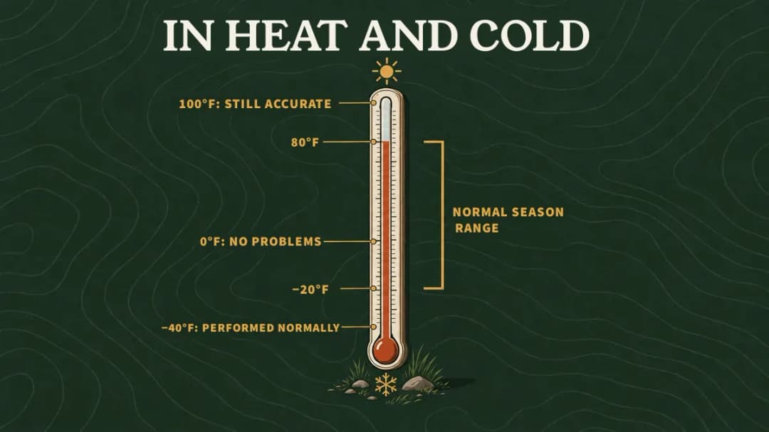 Crossbows in heat and cold: normal season range 80°F to −20°F; reported still accurate at 100°F and working normally at 0°F and −40°F.
