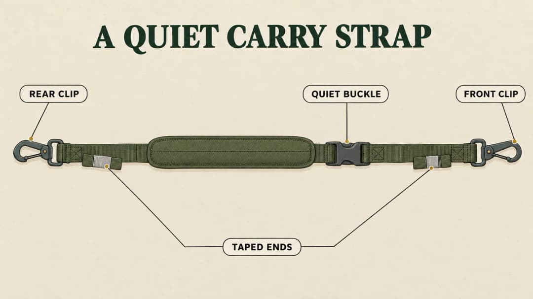 A quiet two-point sling: a rear clip, a front clip, a quiet buckle and taped loose ends.