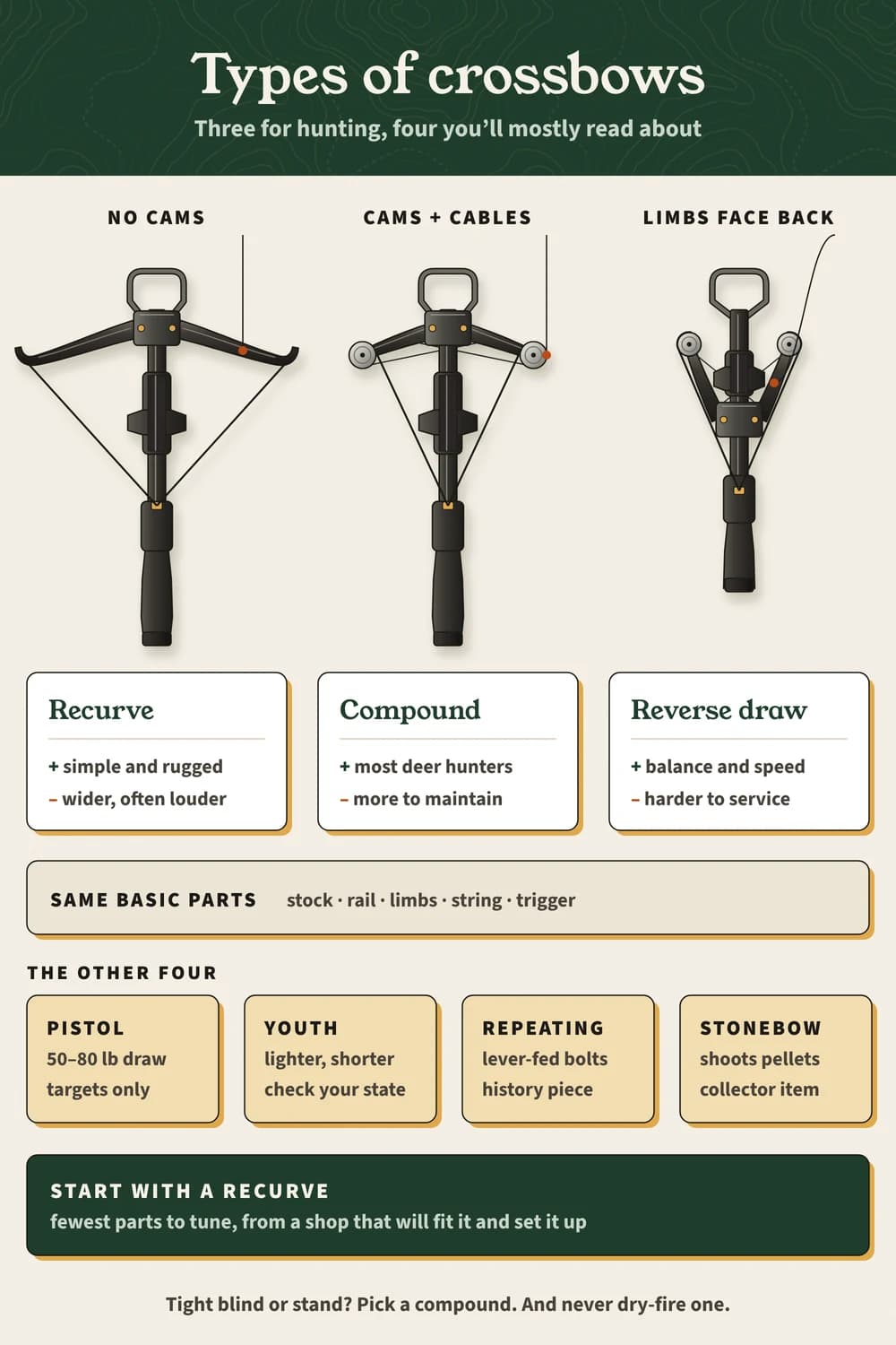 Types of crossbows: recurve (no cams), compound (cams and cables) and reverse draw (limbs face back) from above, plus pistol, youth, repeating and stonebow.