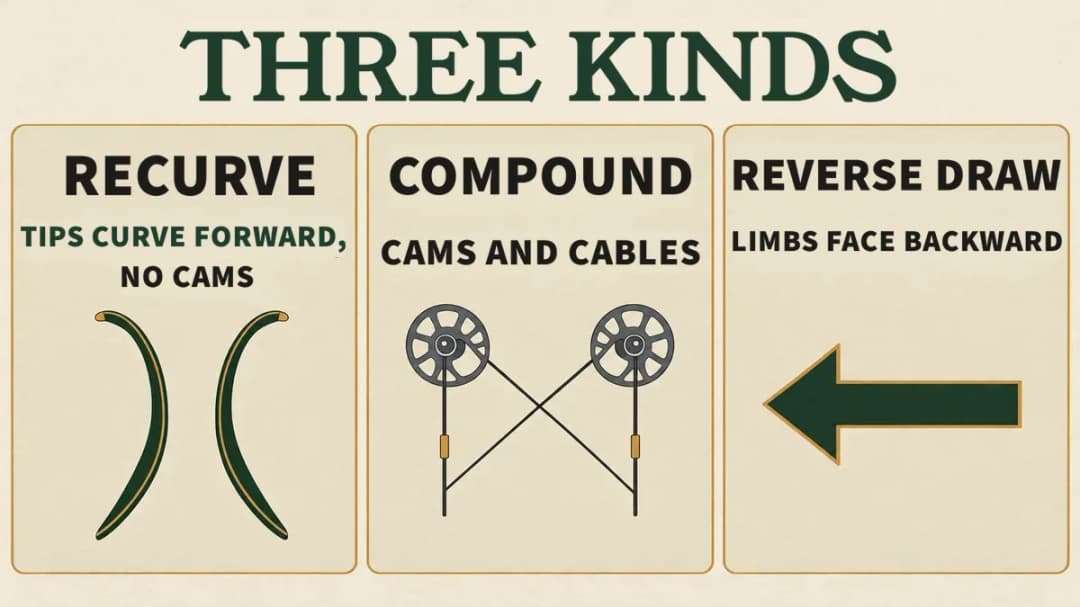 Three crossbow types: recurve tips curve forward with no cams, compound has cams and cables, reverse-draw limbs face backward.
