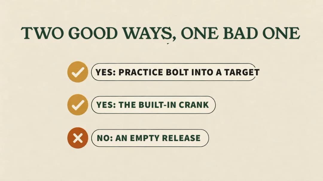 Letting the string down: a practice bolt into a target or the built-in crank, never an empty release.