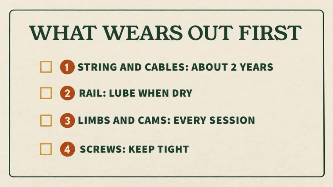 What wears out first: string and cables about every 2 years, lube the rail when dry, check limbs and cams every session, keep screws tight.