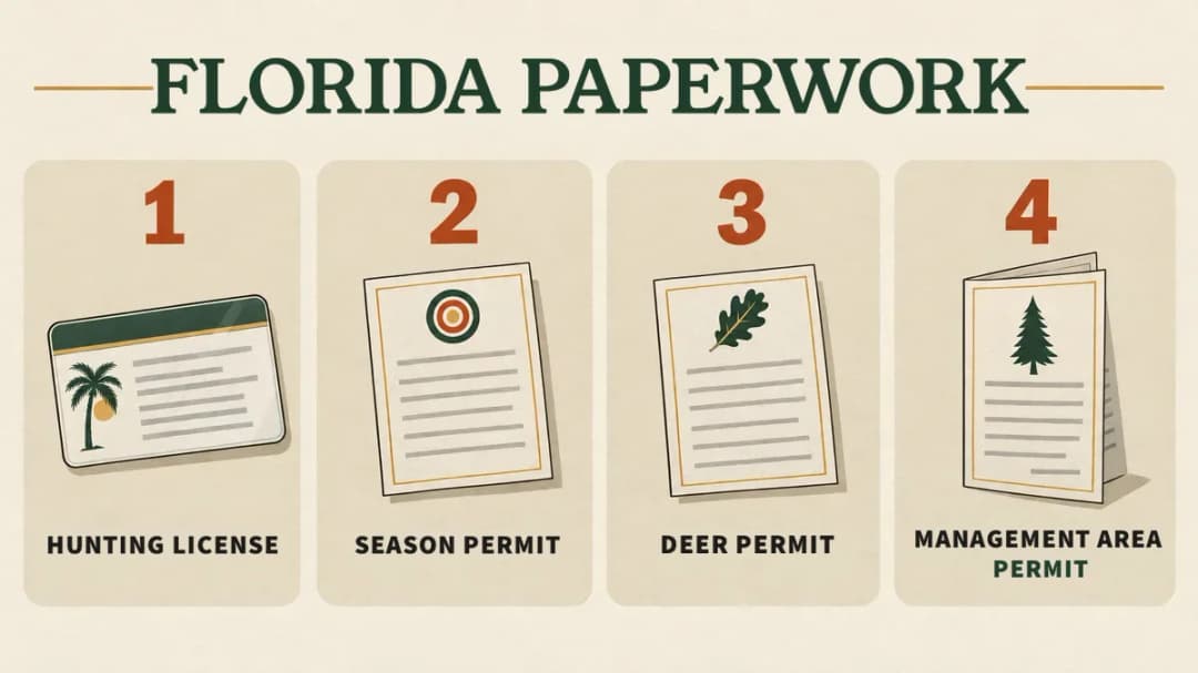 Florida crossbow paperwork: a hunting license, a crossbow season permit, a deer permit and a management area permit for WMAs.