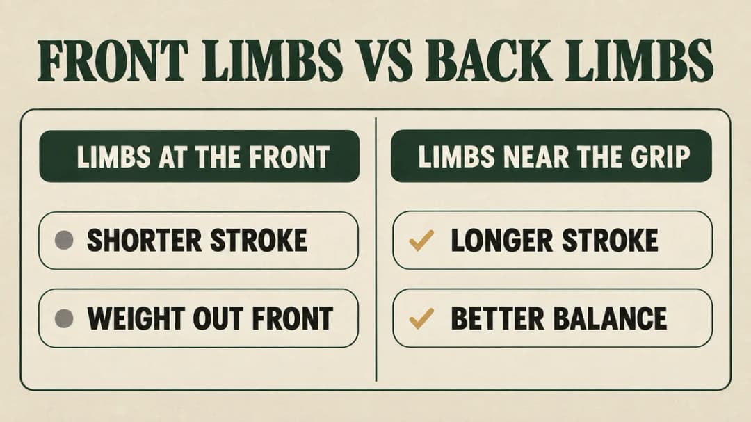 Forward vs reverse draw: limbs at the front mean a shorter stroke and weight out front; limbs near the grip give a longer stroke and better balance.