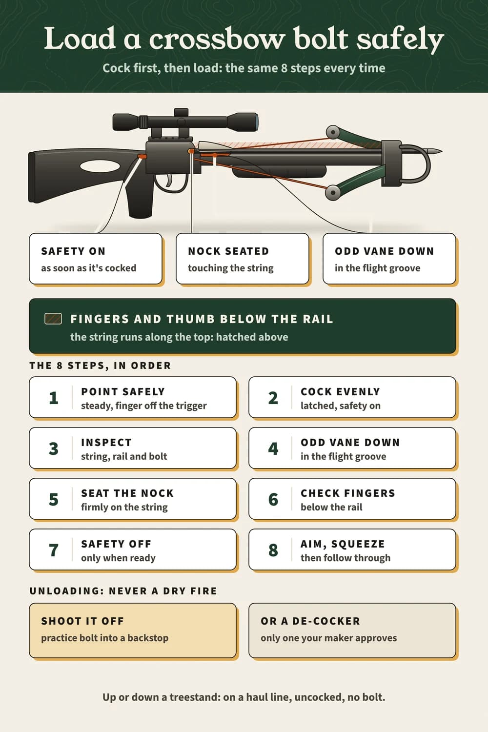 Loading a crossbow bolt in 8 steps: cock first, safety on, odd vane down in the groove, nock seated, fingers below the rail; unload into a backstop.