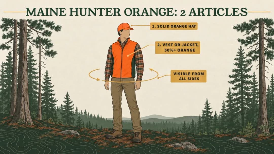 Maine hunter orange: two articles, a solid orange hat and a vest or jacket at least 50% orange, visible from all sides.