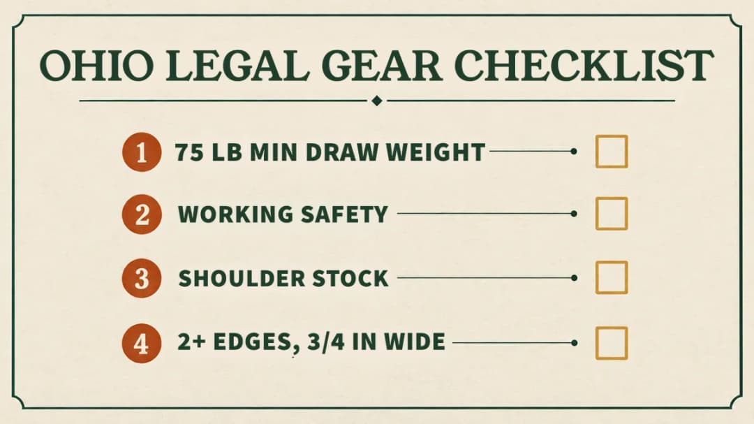 Ohio legal crossbow: at least 75 lb draw weight, a working safety and a shoulder stock; broadheads with 2+ edges, 3/4 inch wide.