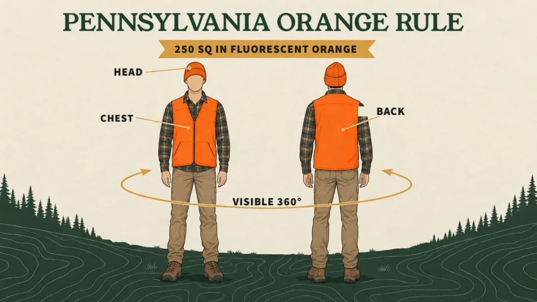 Pennsylvania firearms deer season: 250 square inches of fluorescent orange on the head, chest and back, visible from all sides.