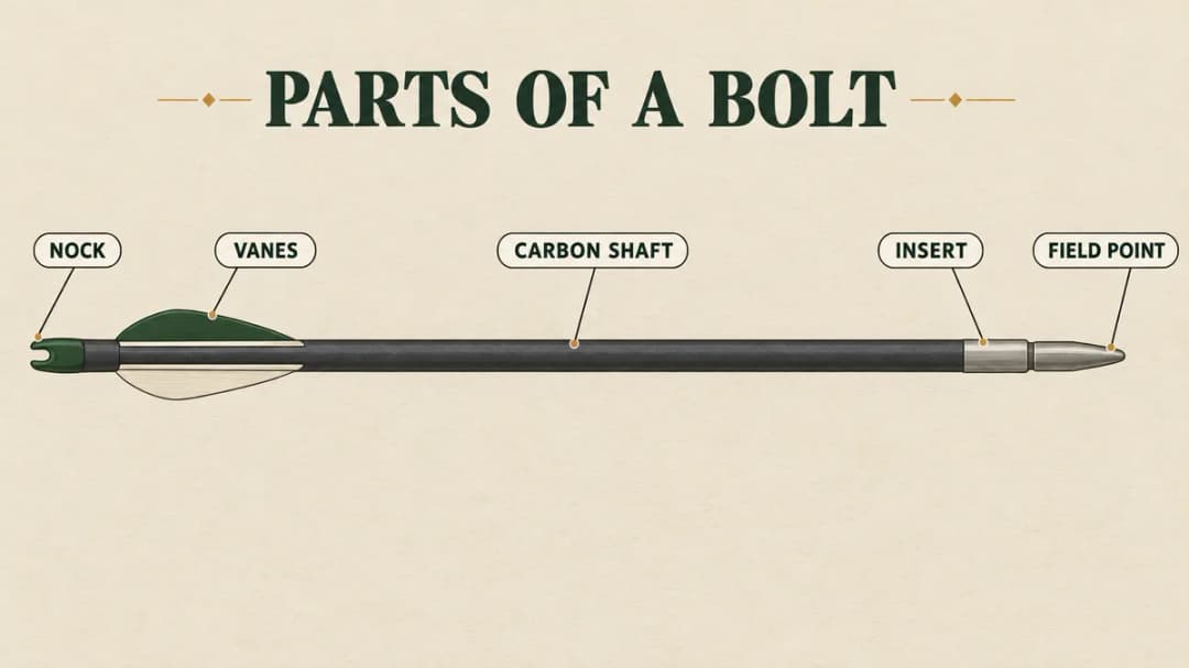 Parts of a crossbow bolt: the nock, three short vanes, the carbon shaft, the insert and the field point, named on one bolt.