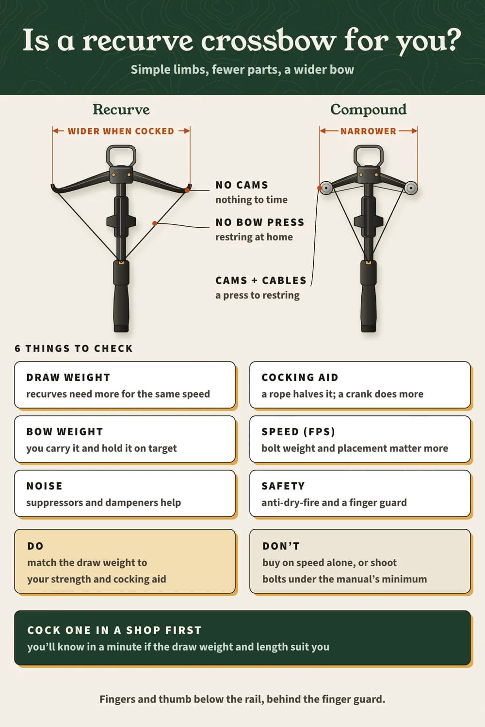 Recurve vs compound crossbow from above: the recurve has no cams and restrings without a press but is wider; six checks from draw weight to safety.
