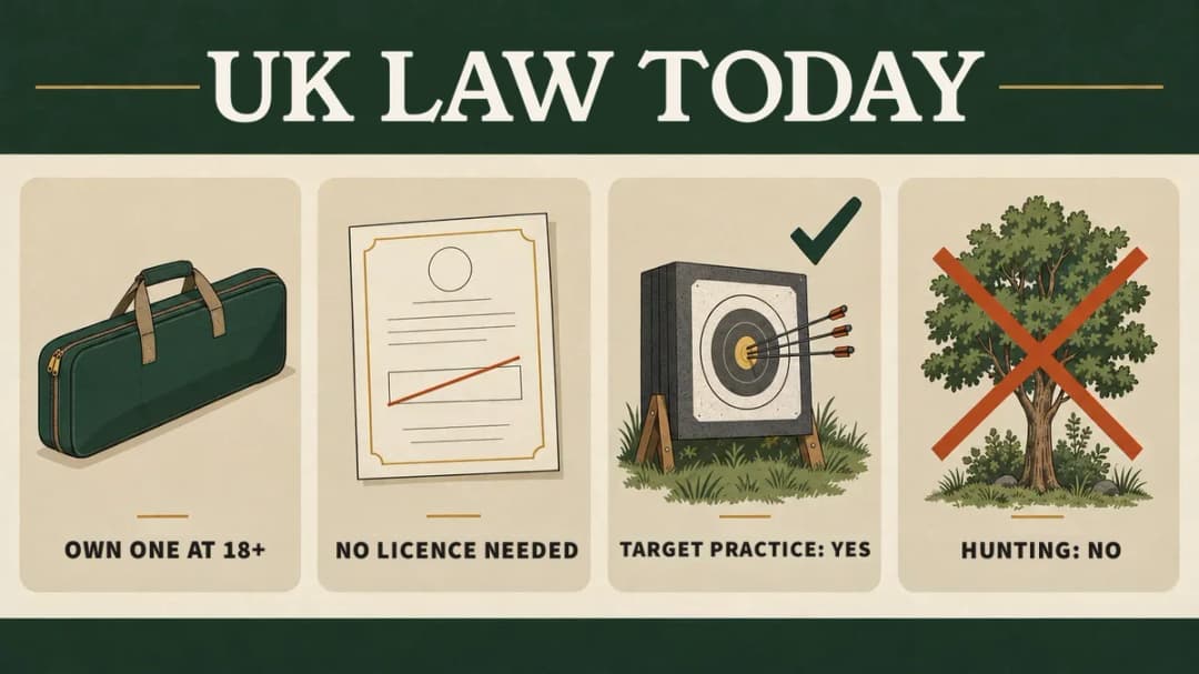 UK crossbow law today: own one at 18 or over, no licence needed, target practice yes, hunting no.