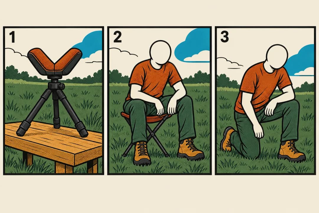 Three-panel comic: a padded V-shaped tripod rest on a wooden bench, a figure sitting on a camp stool with elbows on knees, and the figure kneeling on one knee