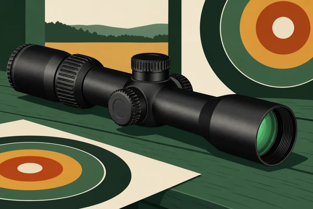 A black 2-7x32 scope with capped turrets and a green-tinted lens on a pine-green bench, with big flat target circles behind it