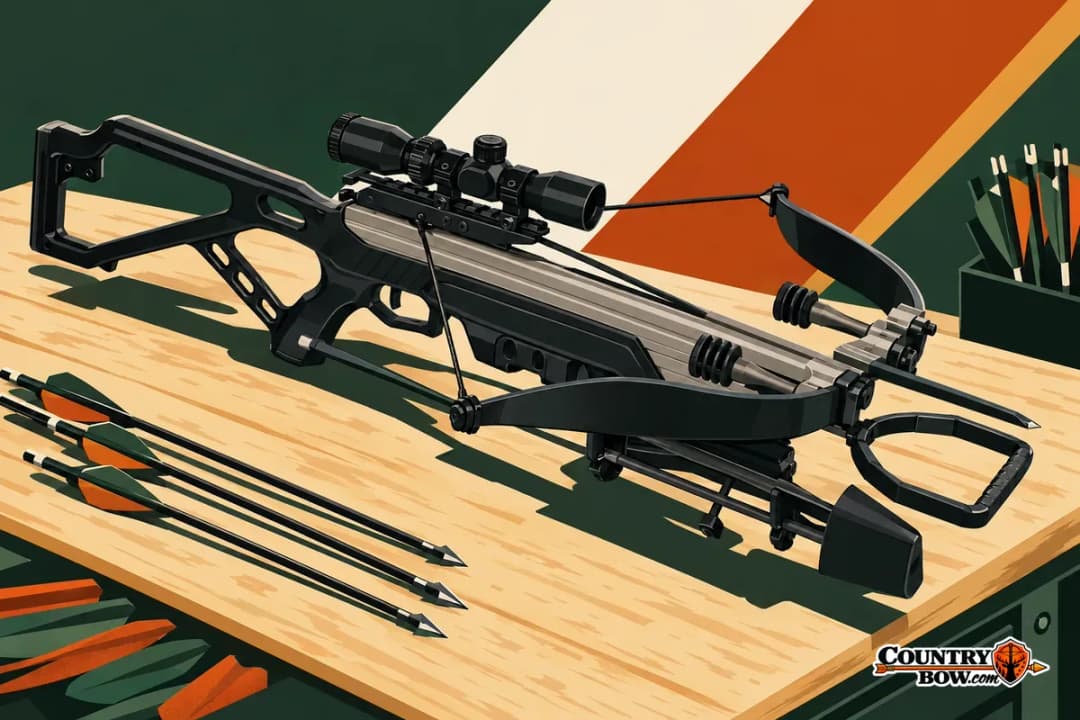 A black and grey recurve horizontal bow with a scope and thumbhole stock on a wooden workbench, bolts beside it, bold green, cream and rust color blocks behind