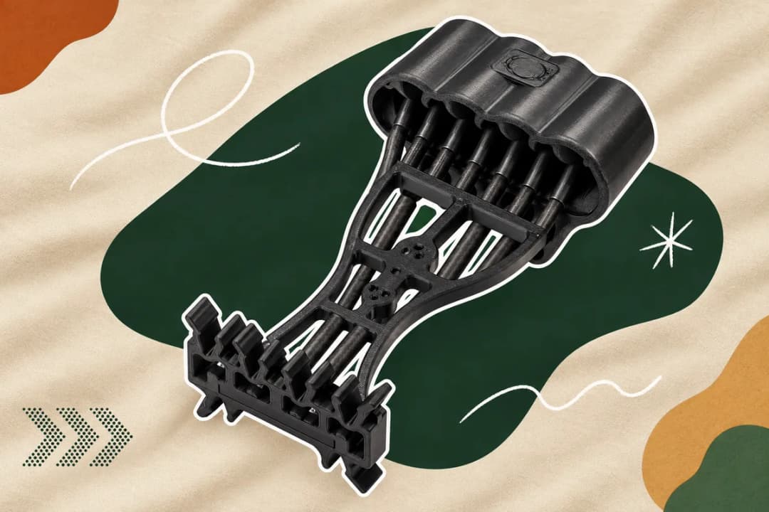A black molded six-bolt quiver with a hooded cup, skeletal frame and gripper bar, with a white sticker outline over a pine-green blob on sand fabric