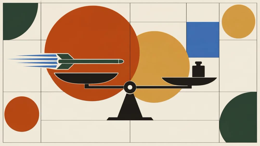 A crossbow bolt with speed lines resting on one pan of a balance scale, a small weight on the other, on a grid poster.