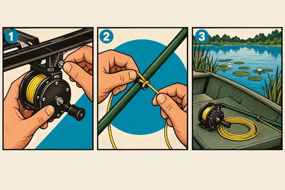 Three-panel comic: a bottle reel fitted under a rail, yellow braided line tied to a slide ring on a shaft, and the rig in a boat on a lily-pad pond