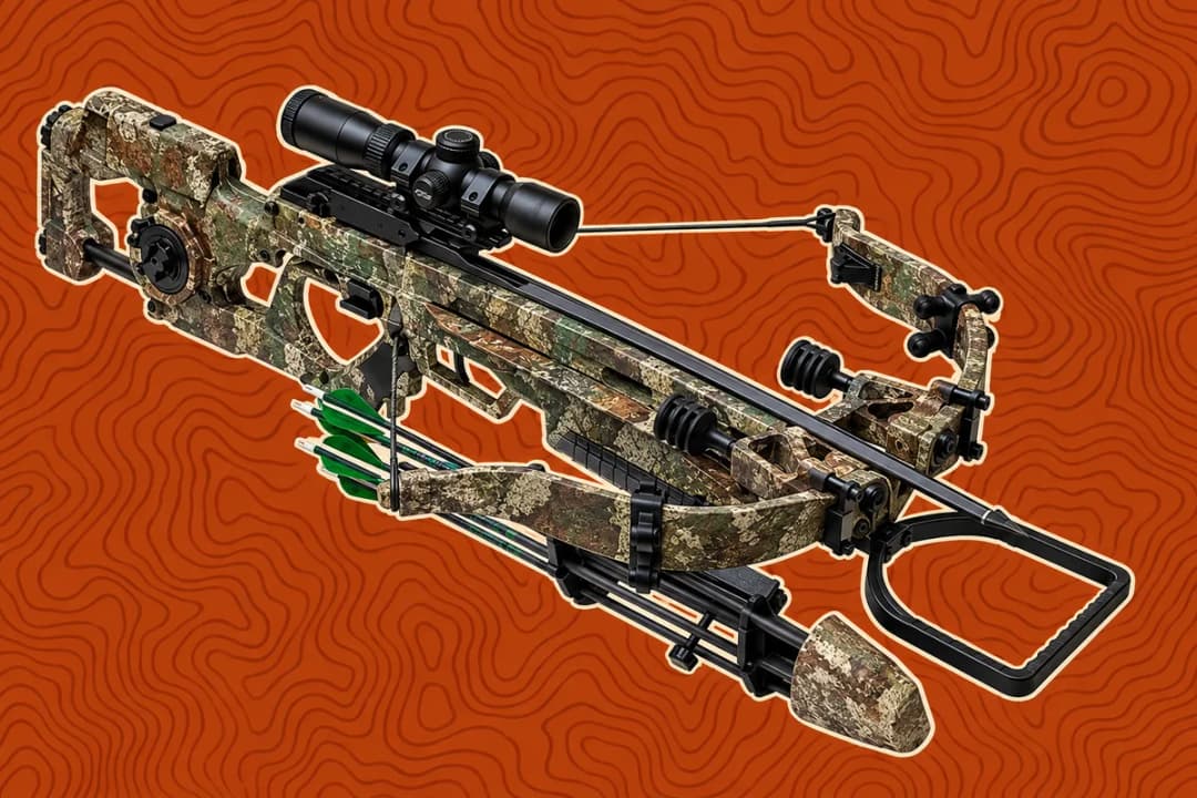 A camouflage recurve horizontal bow with a black scope, foot stirrup and side quiver of green-vaned bolts, outlined on a rust topographic-line wallpaper