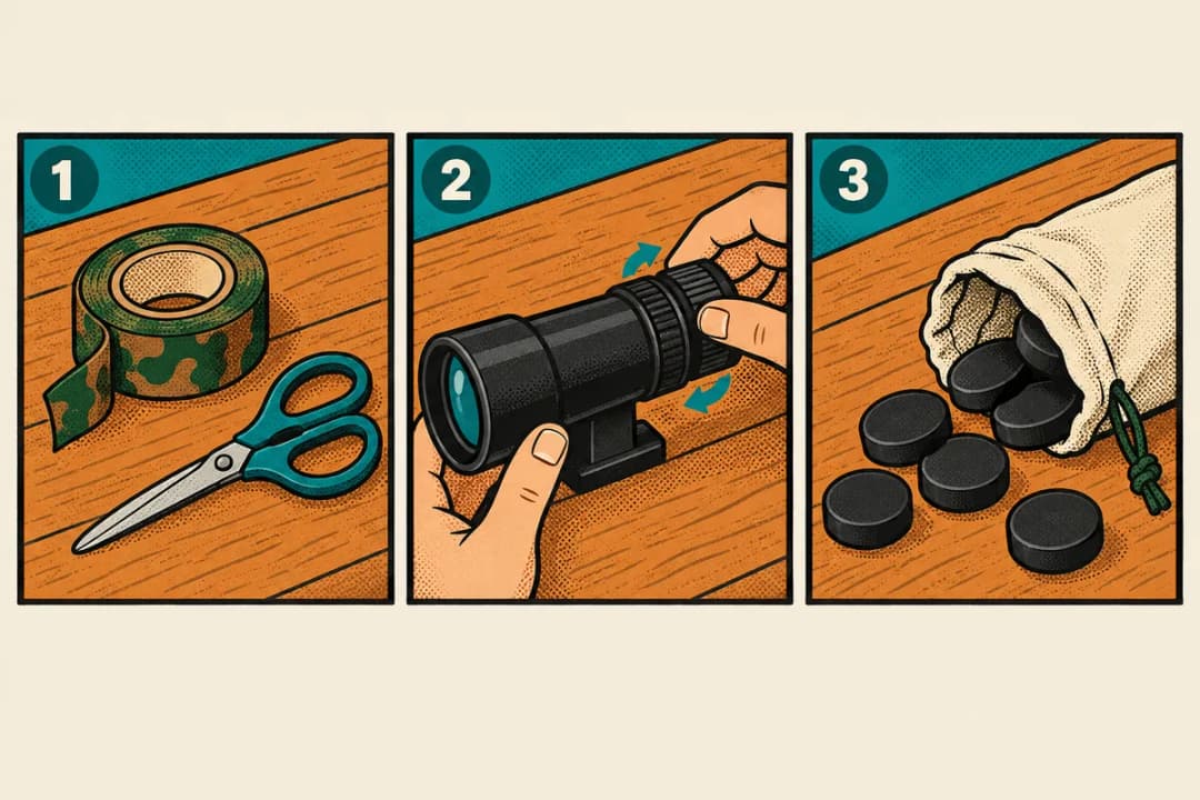 Three-panel comic: a roll of camo tape with scissors, a hand turning the power ring of a short black scope, and round rubber dampeners spilling from a cloth bag