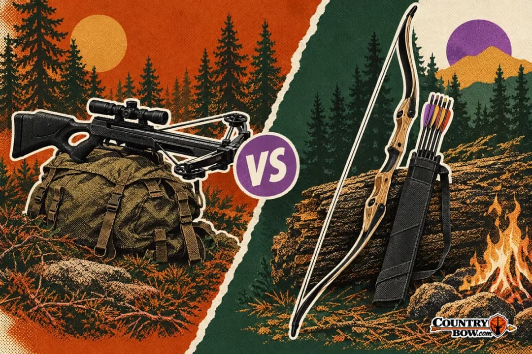 Split collage: a crossbow with a scope on a backpack in a pine forest versus a recurve bow and quiver by a campfire.