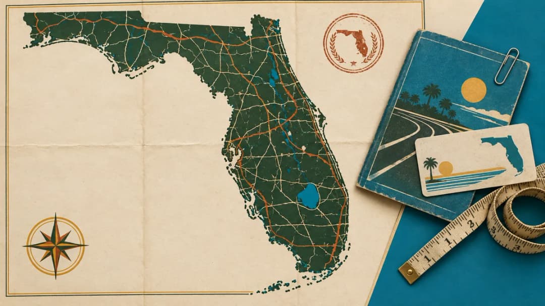 A Florida rule booklet, license card and tape measure on a corner of the state map.