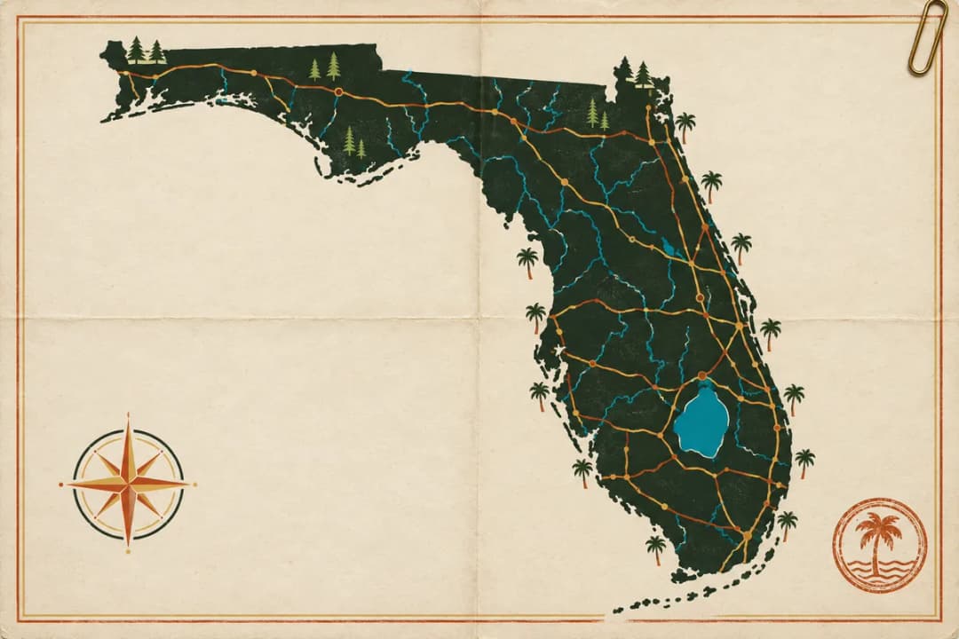Hand-tinted map of Florida with fold creases, a paper clip, a stamp and local landmarks, for its crossbow rules.