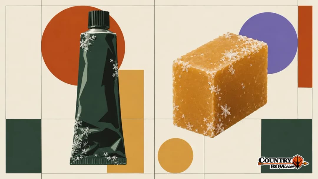 A tube of lube and a block of string wax dusted with frost, shown as specimens on a grid.