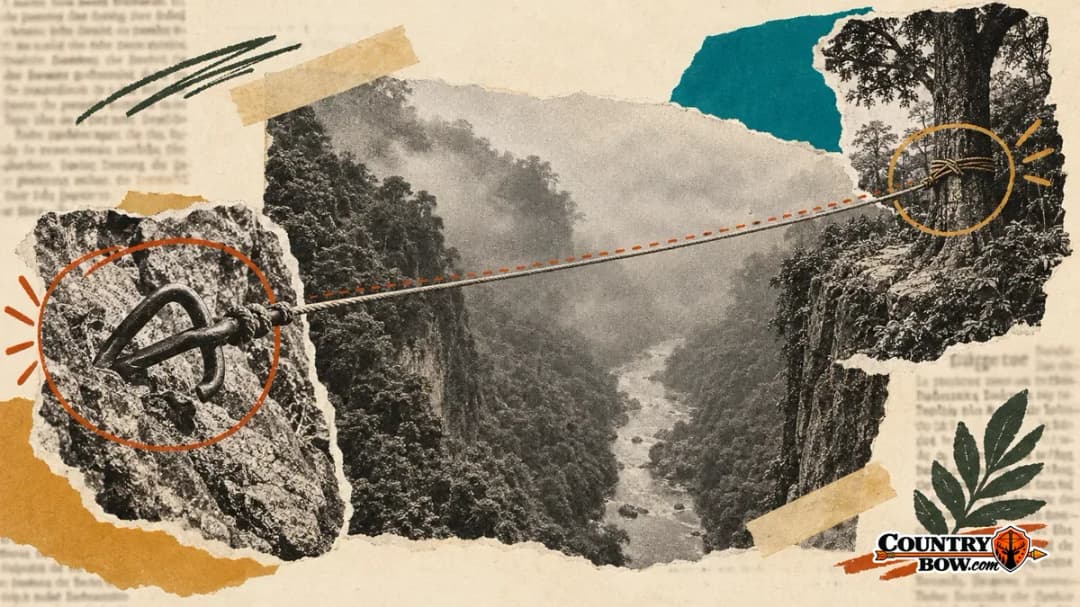 Collage of a rope line held by a grappling hook across a misty jungle ravine, the kind of line a crossbow can carry across a gap.