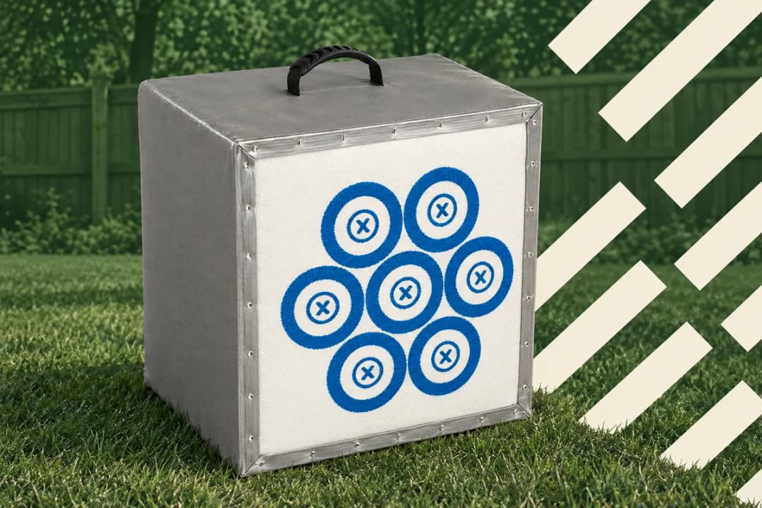 A grey cube bag target with a carry handle and seven blue aiming dots on its white face, on a backyard lawn tinted green with a white diagonal lattice