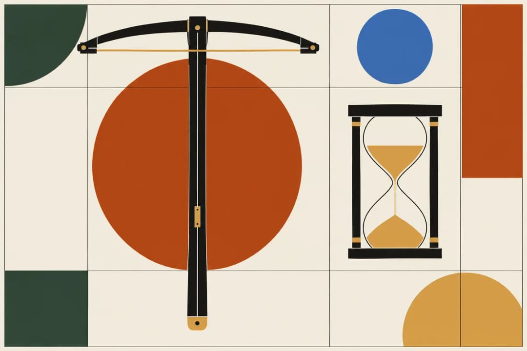 Poster of a crossbow seen from above beside an hourglass, on a grid with bold circles.
