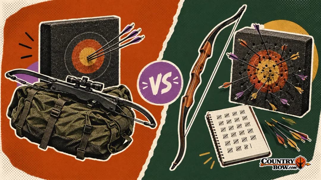 Split collage: a crossbow on a backpack with a tight arrow group in a foam target versus a recurve with scattered practice arrows and a tally notebook.