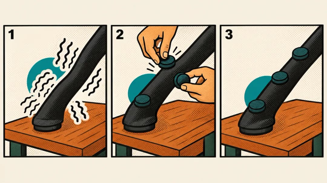 Three-panel comic: a black limb on a bench with wavy vibration lines, hands pressing round rubber dampeners onto it in several places, and the limb now calm