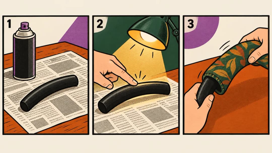 Three-panel comic: a spray can set aside by a black limb, a fingertip checking the limb for cracks under a lamp, and a patterned wrap slid over it